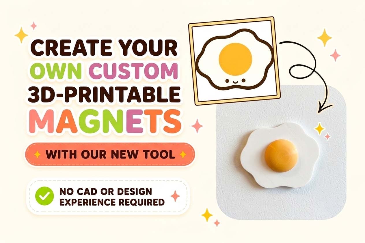A drawing of a fried egg beside the 3D-printed fridge magnet made from it, stuck to a white door